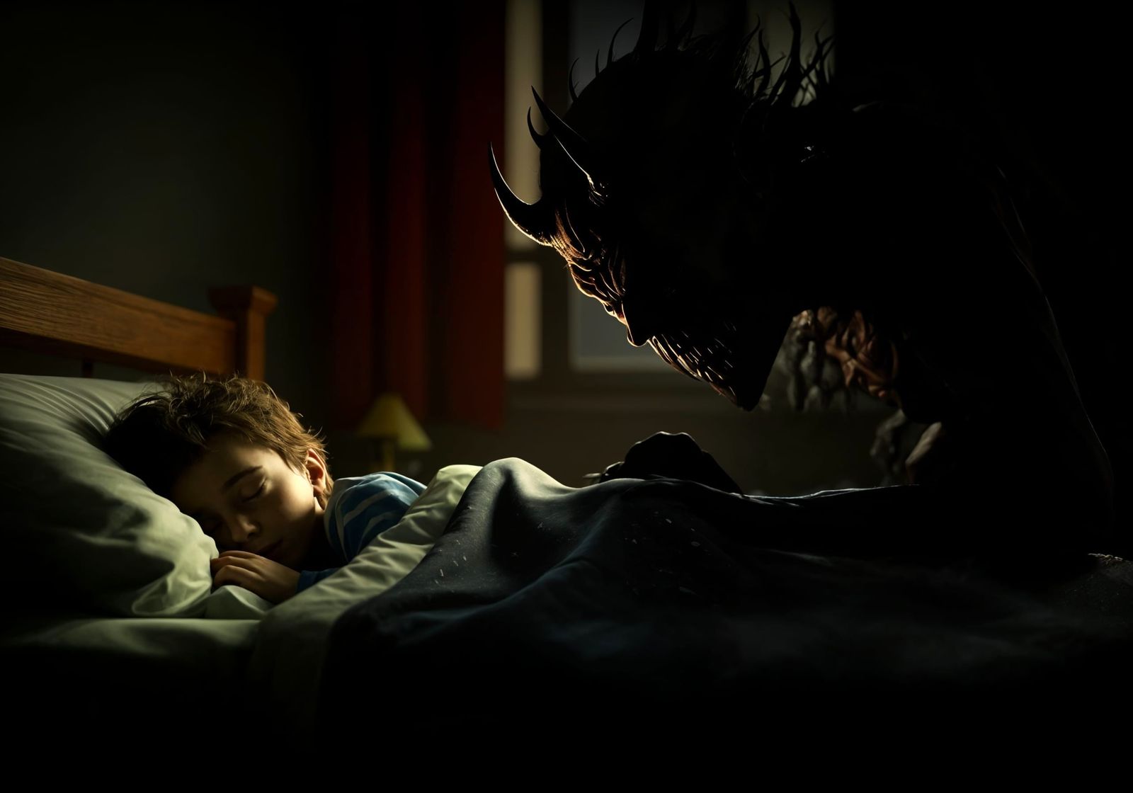 Eerie Nighttime Scene of a Child Sleeping with a Watching De...