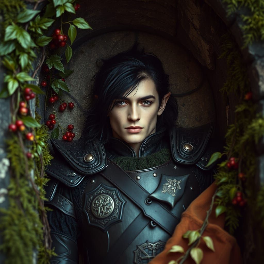 Majestic Elf in Ancient Stone Sarcophagus with Vines and Ber...