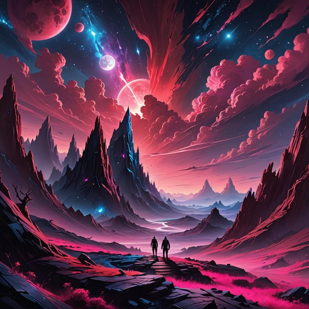 Alien Landscape with Red Moon, Digital Painting