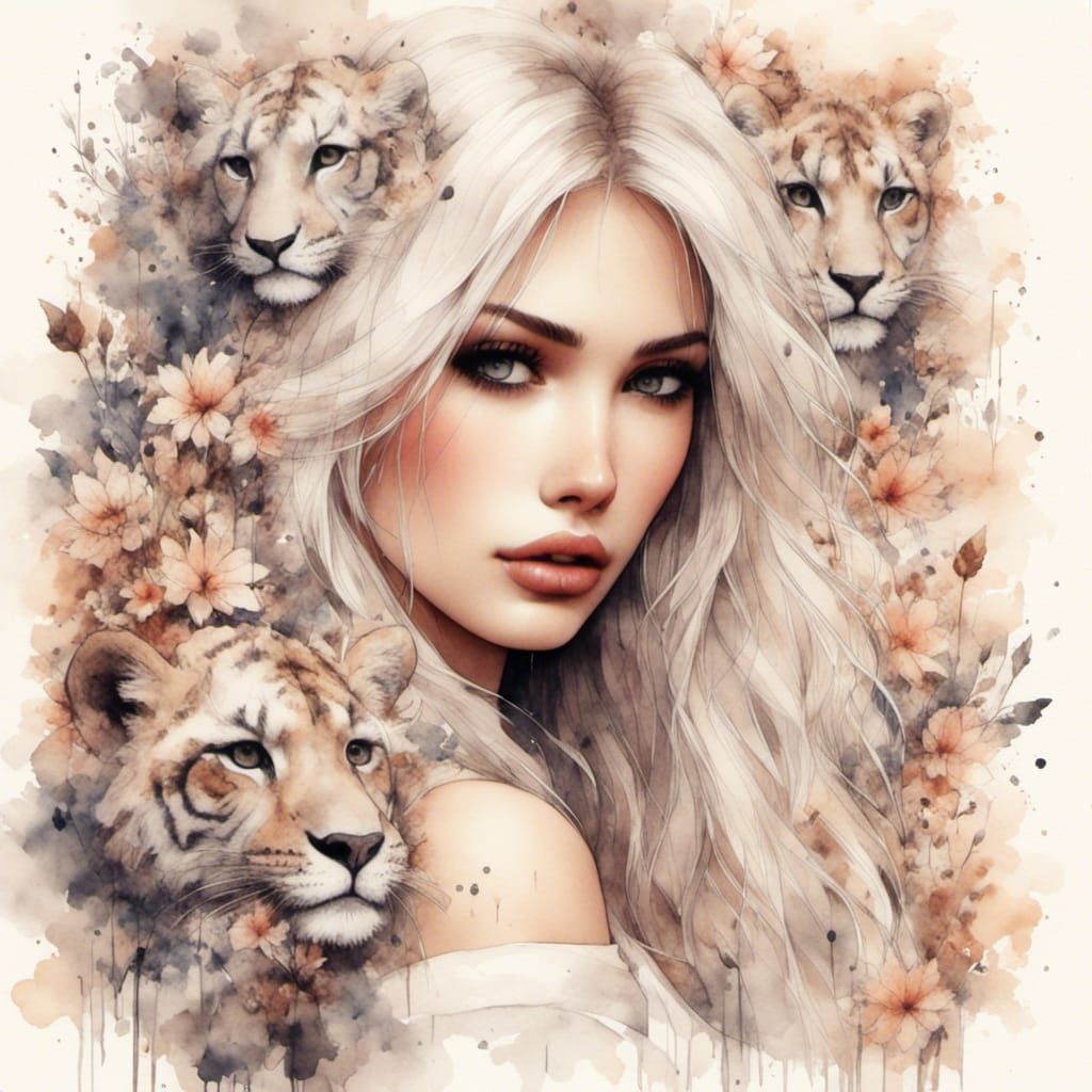 White Tiger Portrait in Antique Watercolor Style