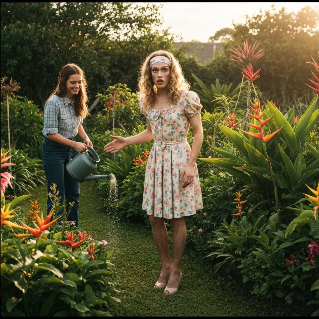 Handsome Young Crossdresser Tends Vibrant Garden in Golden L...