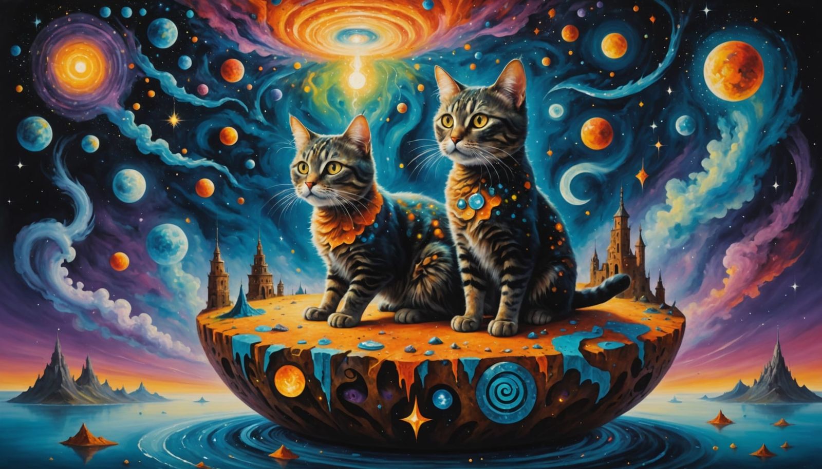 Cosmic Cat on Floating Island in Surreal Style