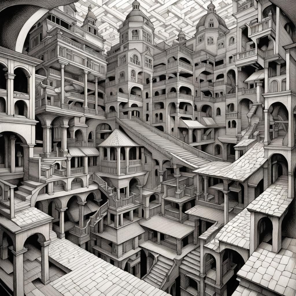 M.C. Escher Line art insanely intricate and meticulously detailed