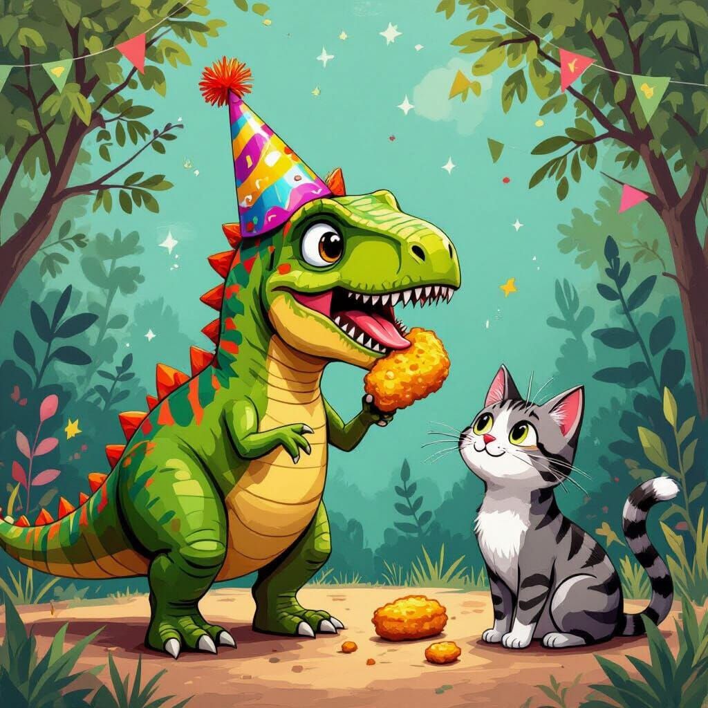 Dinosaur Party with Chicken Nugget, Illustrative Style