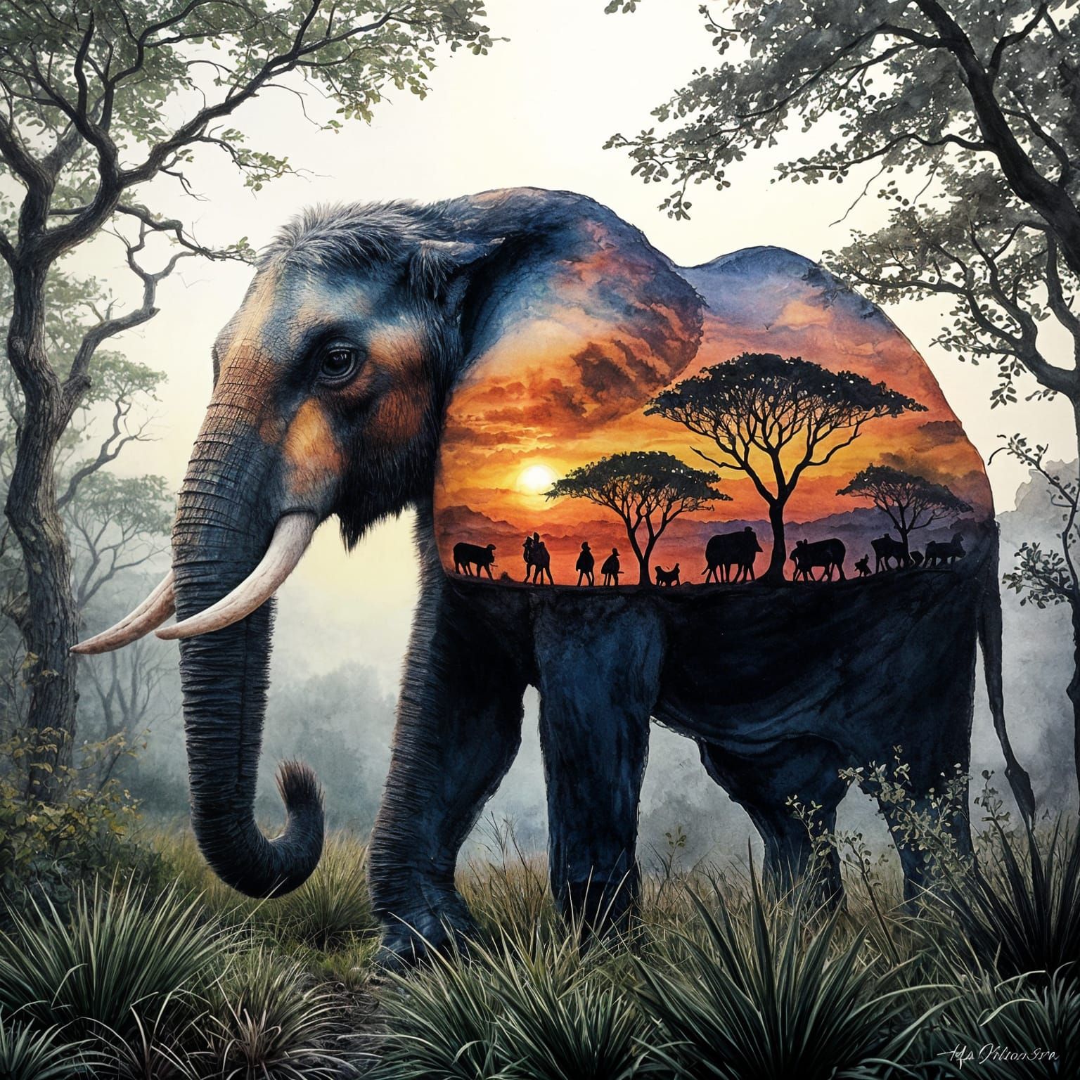 Elephant Sunset Double Exposure in Realist Style