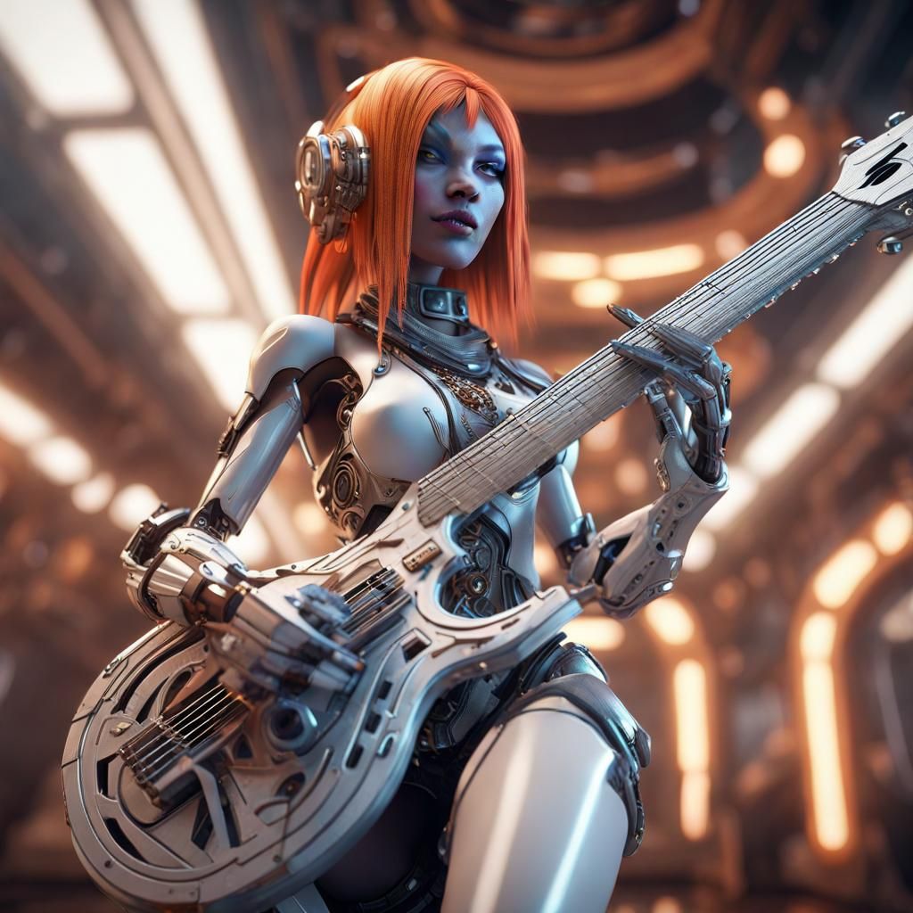 Futuristic Princess Plays Guitar in Sci-Fi City