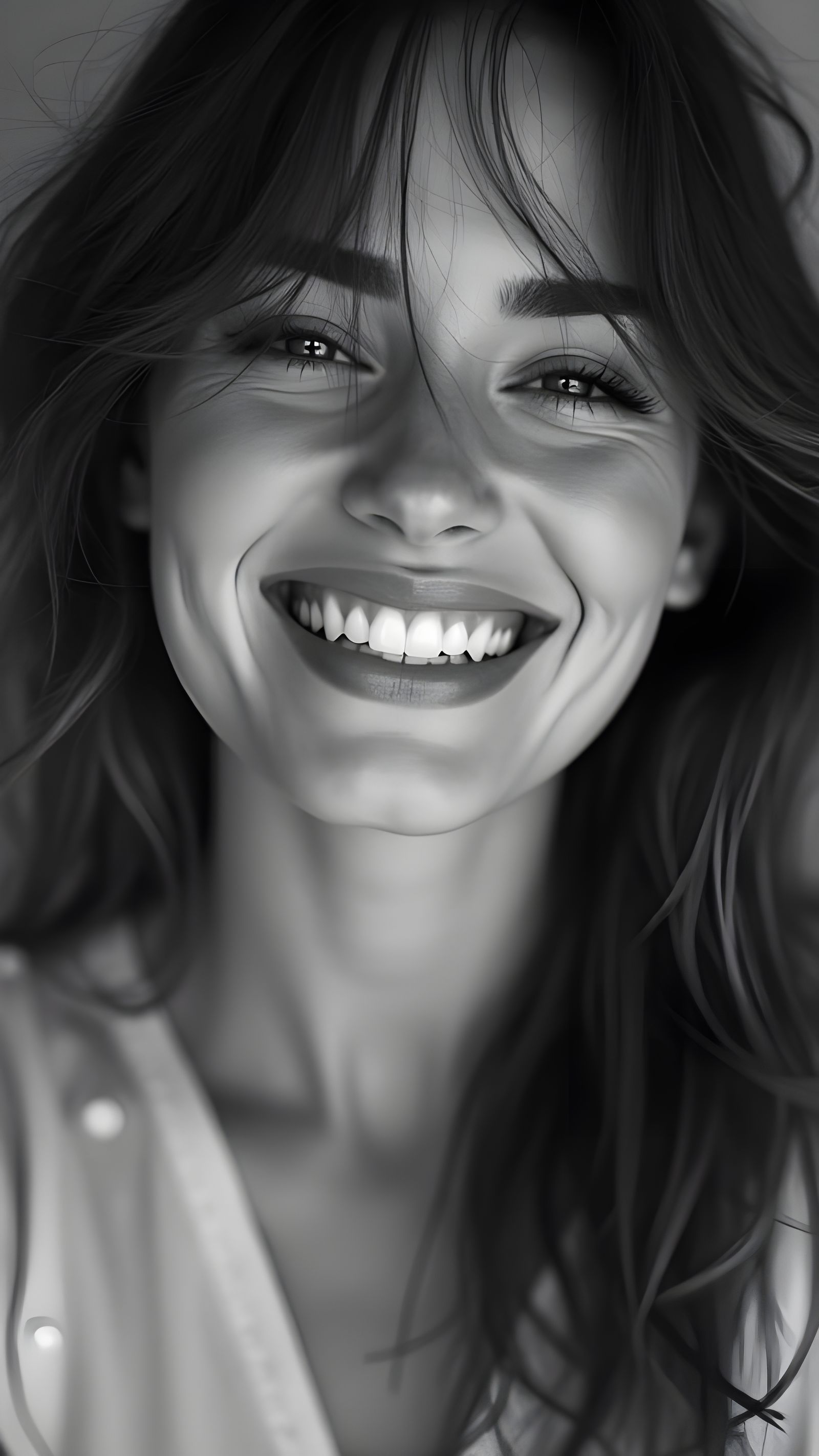 Monochrome Portrait of Radiant Woman with Flowing Hair