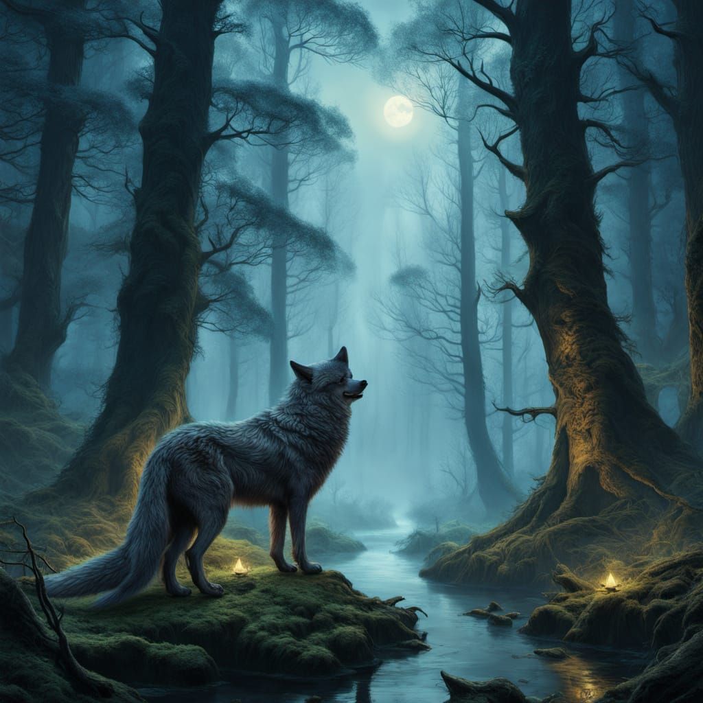 Mystical Forest Wolf with Glowing Eyes in Ethereal Clearing
