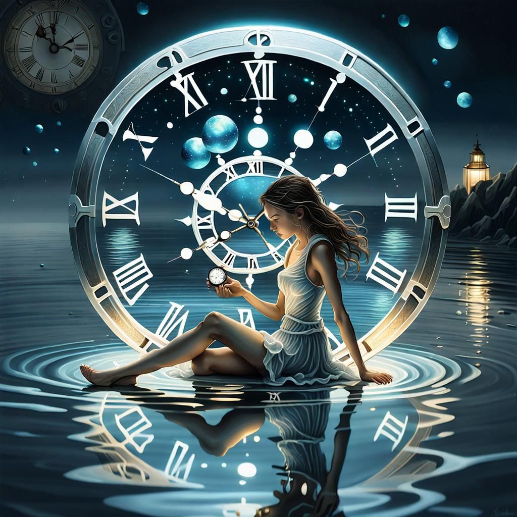 Luminescent Girl with Clock on Cosmic Ocean