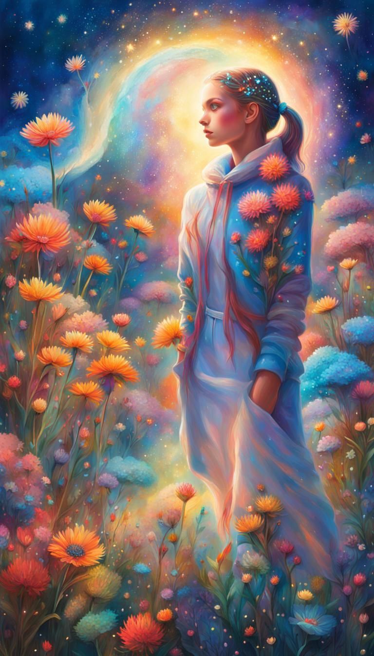 Girl in Astral Town with Cosmic Flowers