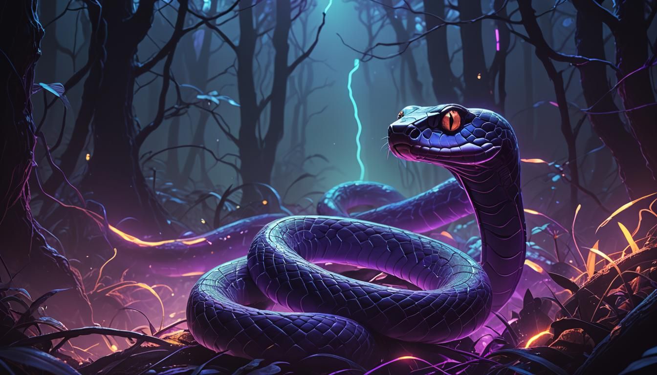 Neon Snake in Misty Forest, Neon Noir Illustration