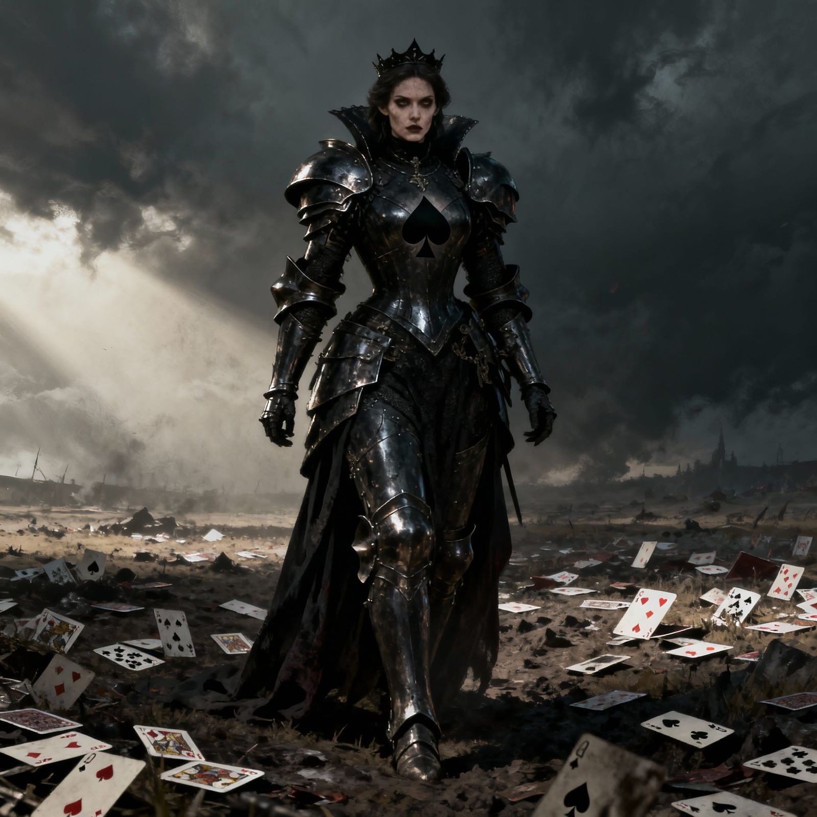 Armored Queen of Spades Warrior on Battlefield