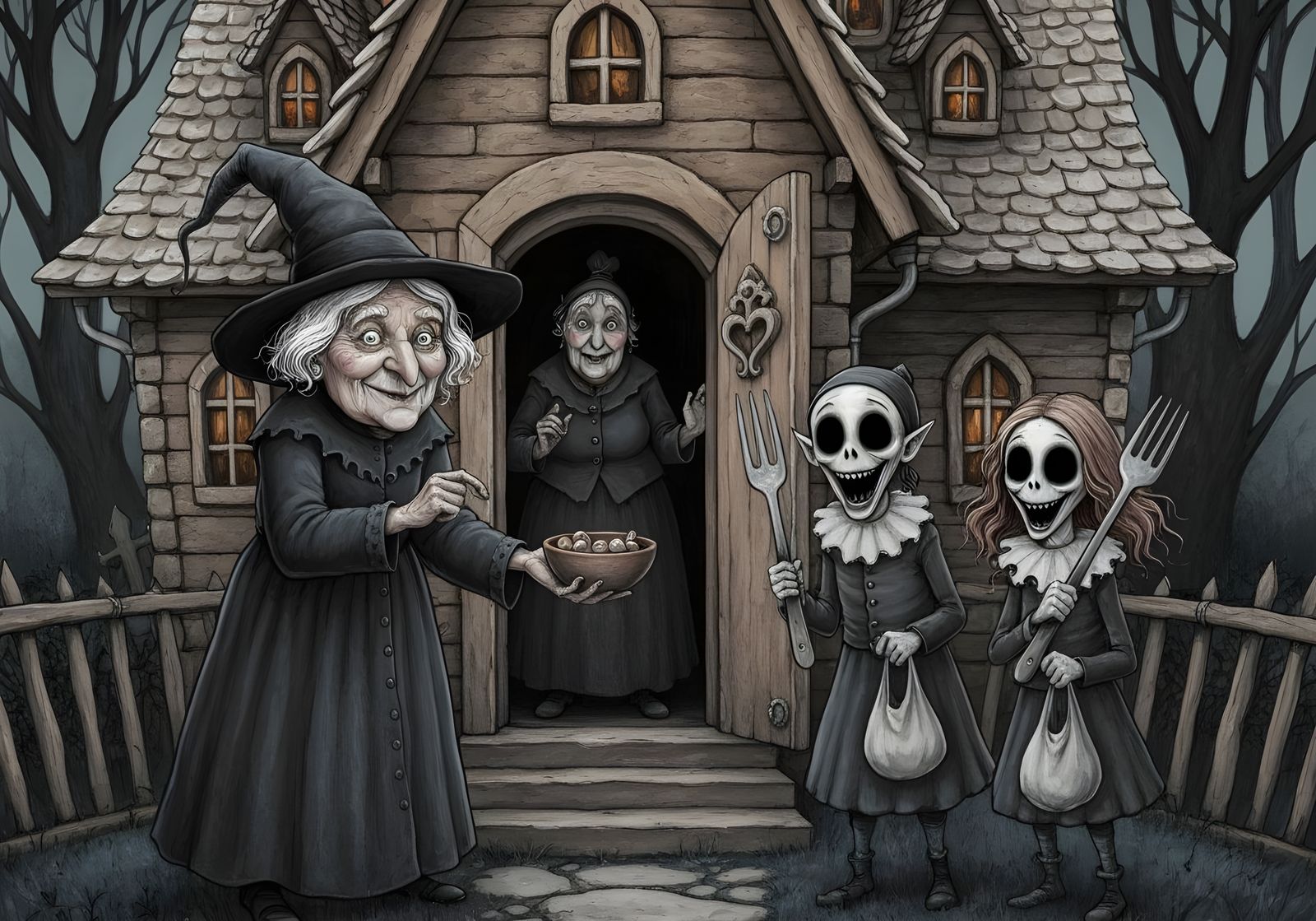 Dark Whimsical Witch and Gingerbread House Illustration