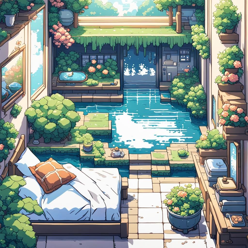 8-Bit Pixel Bedroom with Turtle Garden