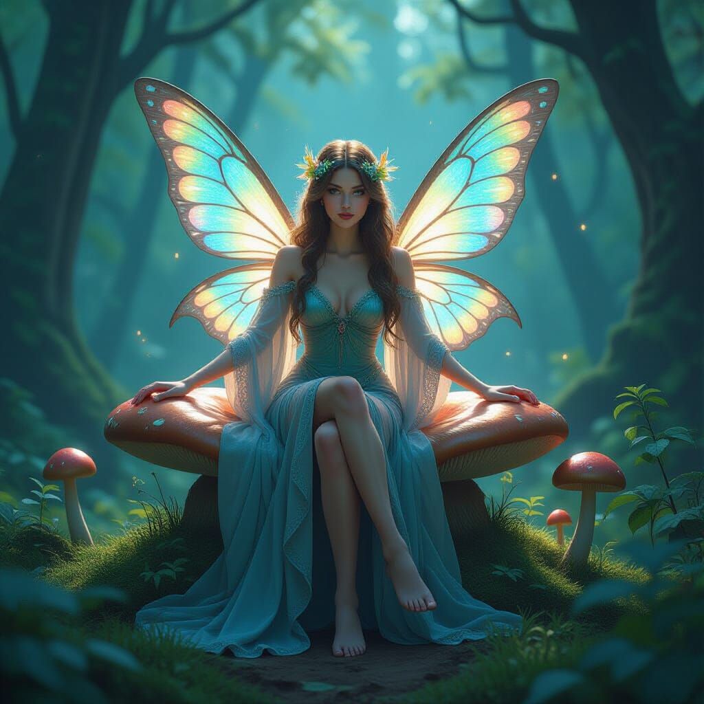 Bioluminescent Fairy on Mushroom Throne, in Art Nouveau Styl...