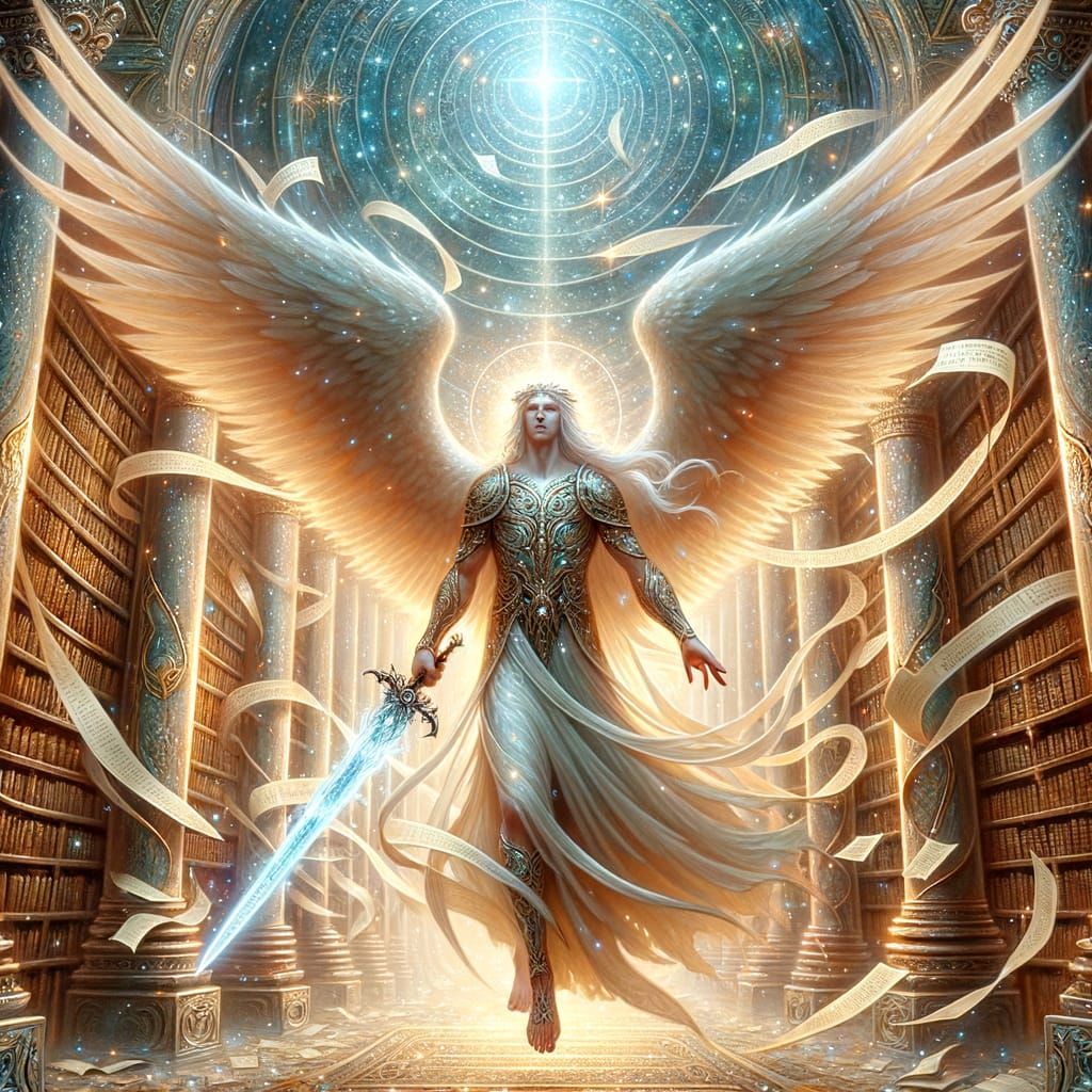Archangel Ithuriel in Celestial Library with Sword