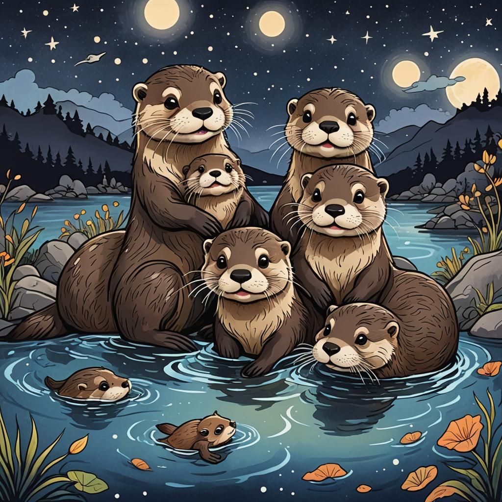 Playful Otter Family Under the Night Sky