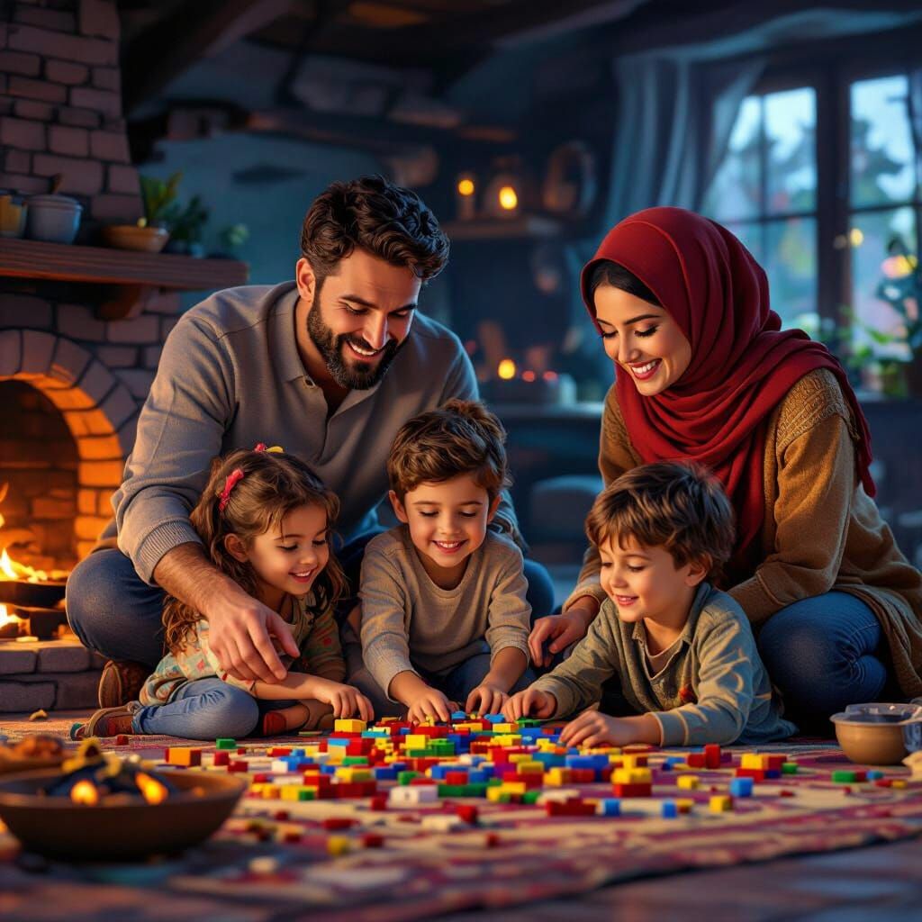 Multicultural Family Playing with Lego Bricks