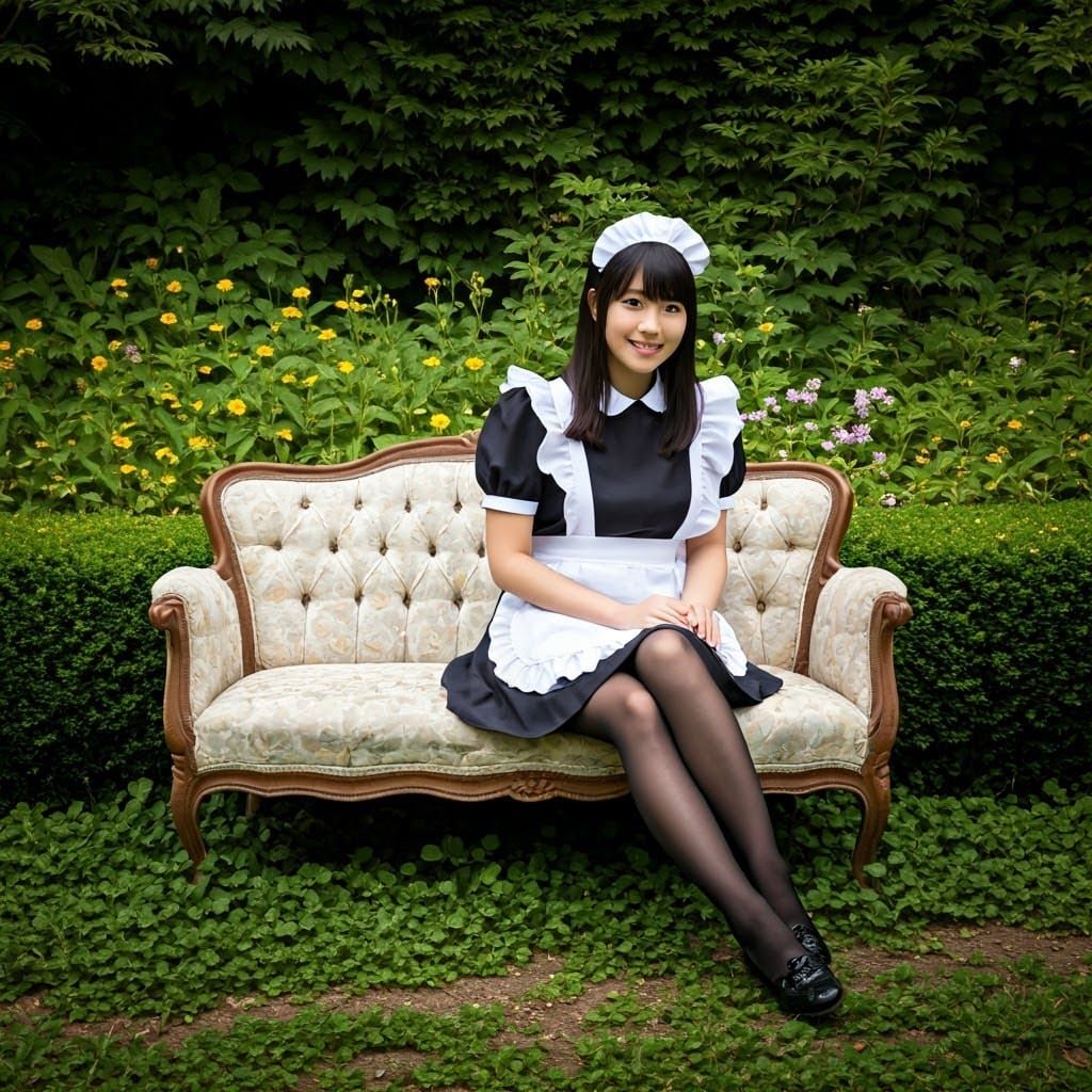 Japanese Maid in a Medieval Garden Sanctuary