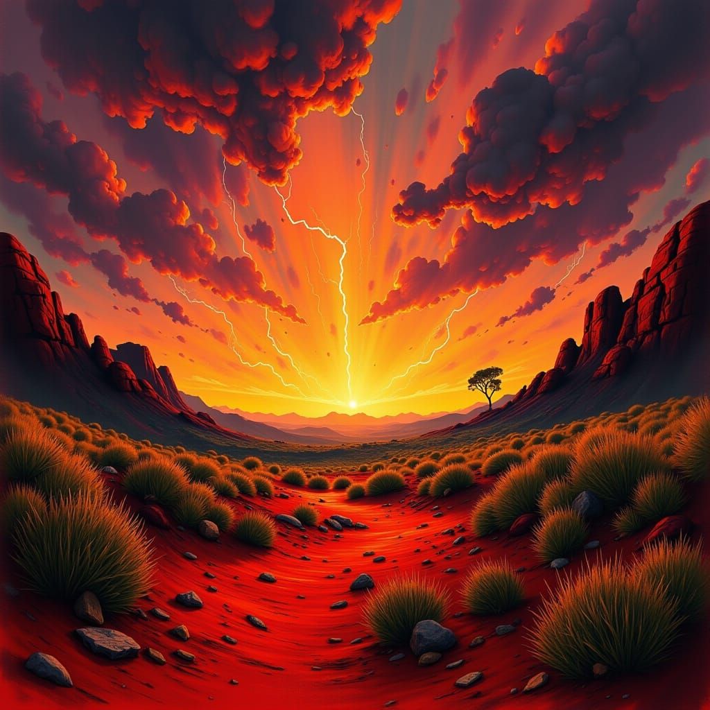 Outback Sunset Lightning Storm: Fantasy Concept Art