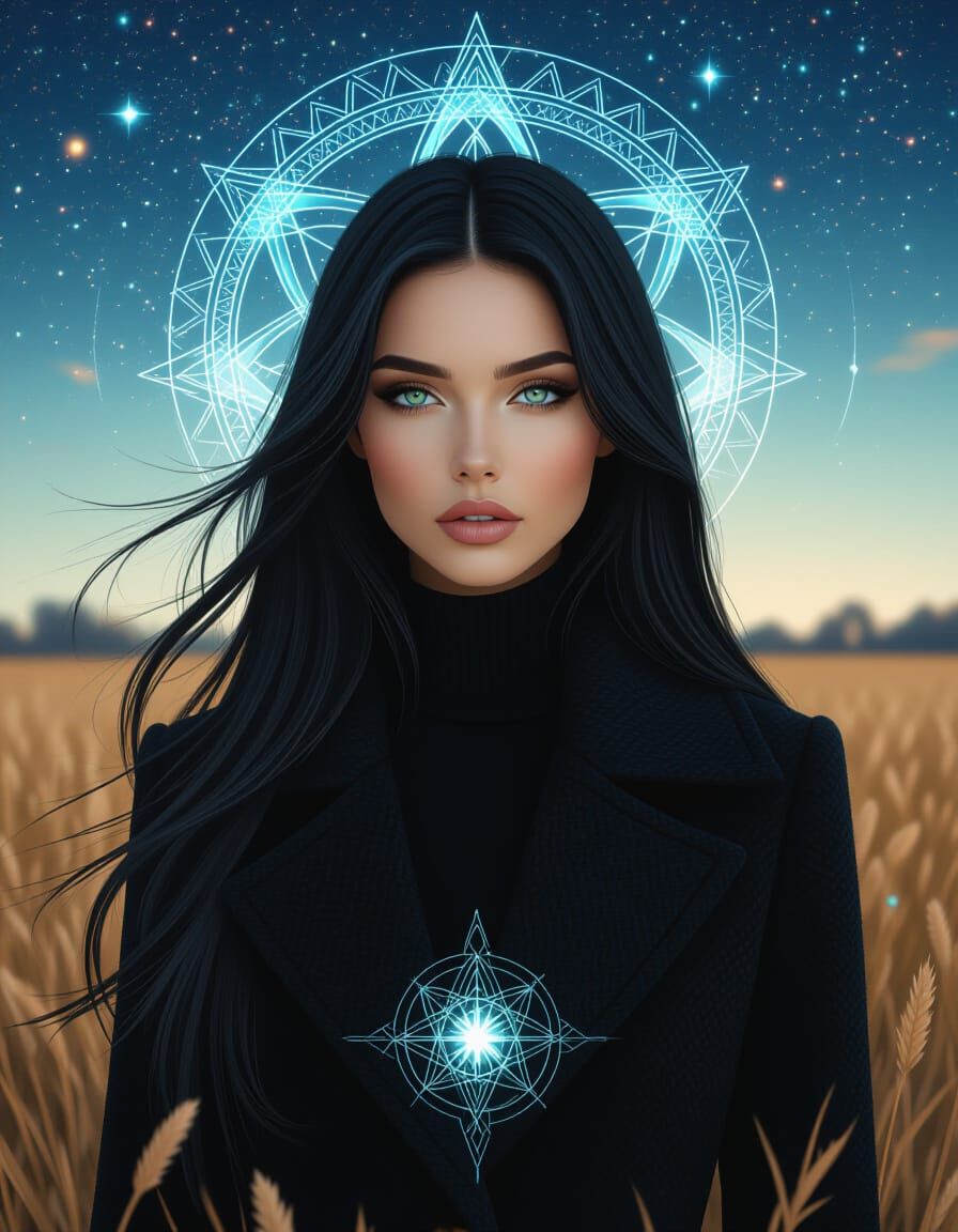 Striking Woman in Field, Holographic Cosmic Style