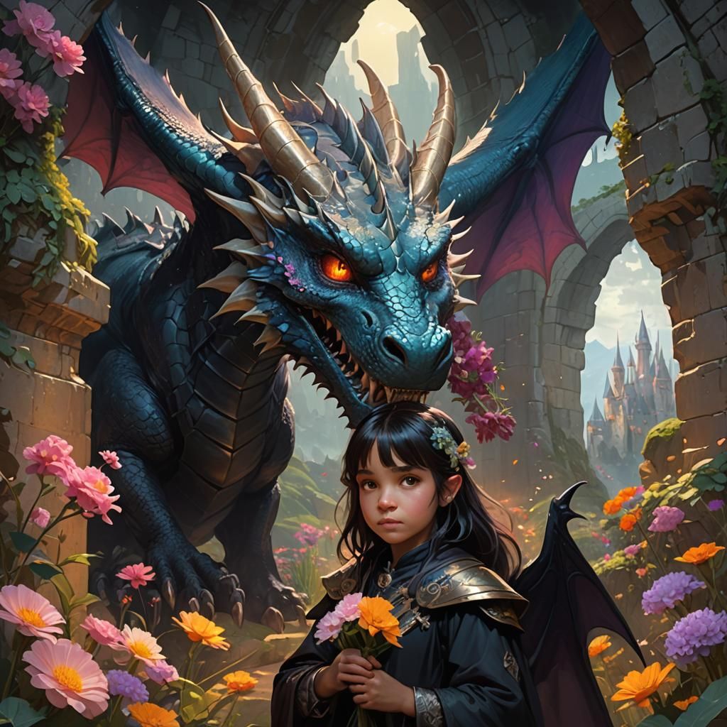 Gothic Girl Offers Flowers to Dragon: Art Nouveau