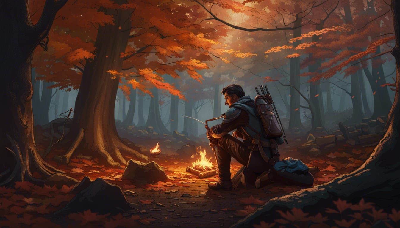 Archer Camps in Maple Woods: Dark Fantasy Art