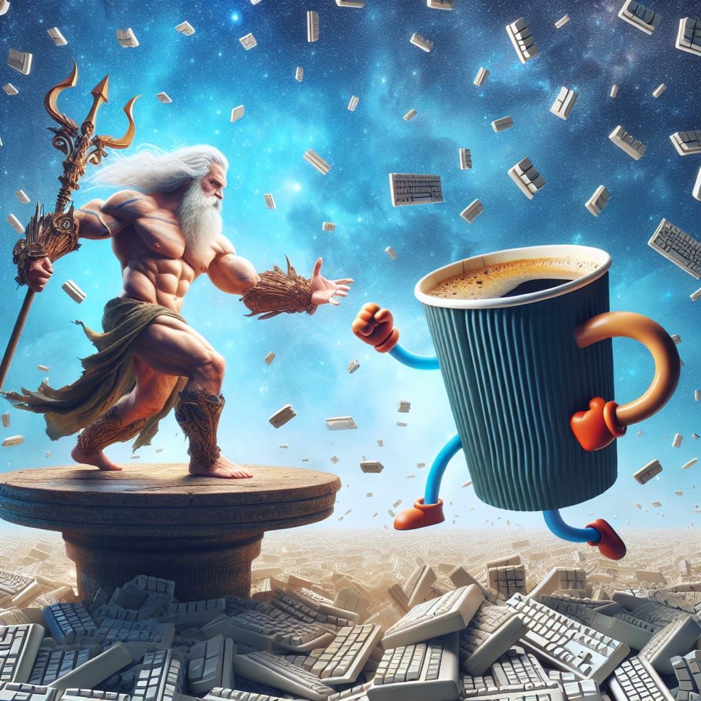 God Versus Coffee Cup in Keyboard Key Storm