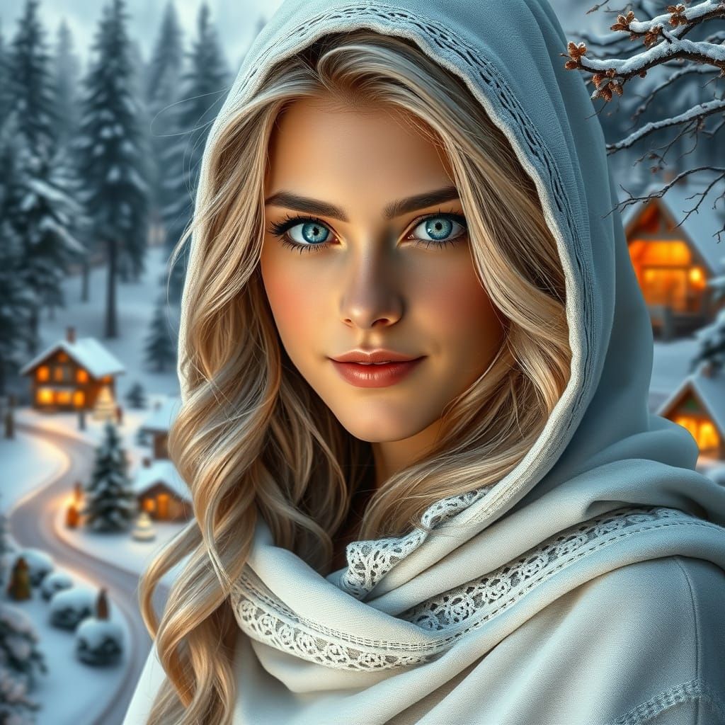 Serene Woman in Cloak Merging with Winter Village