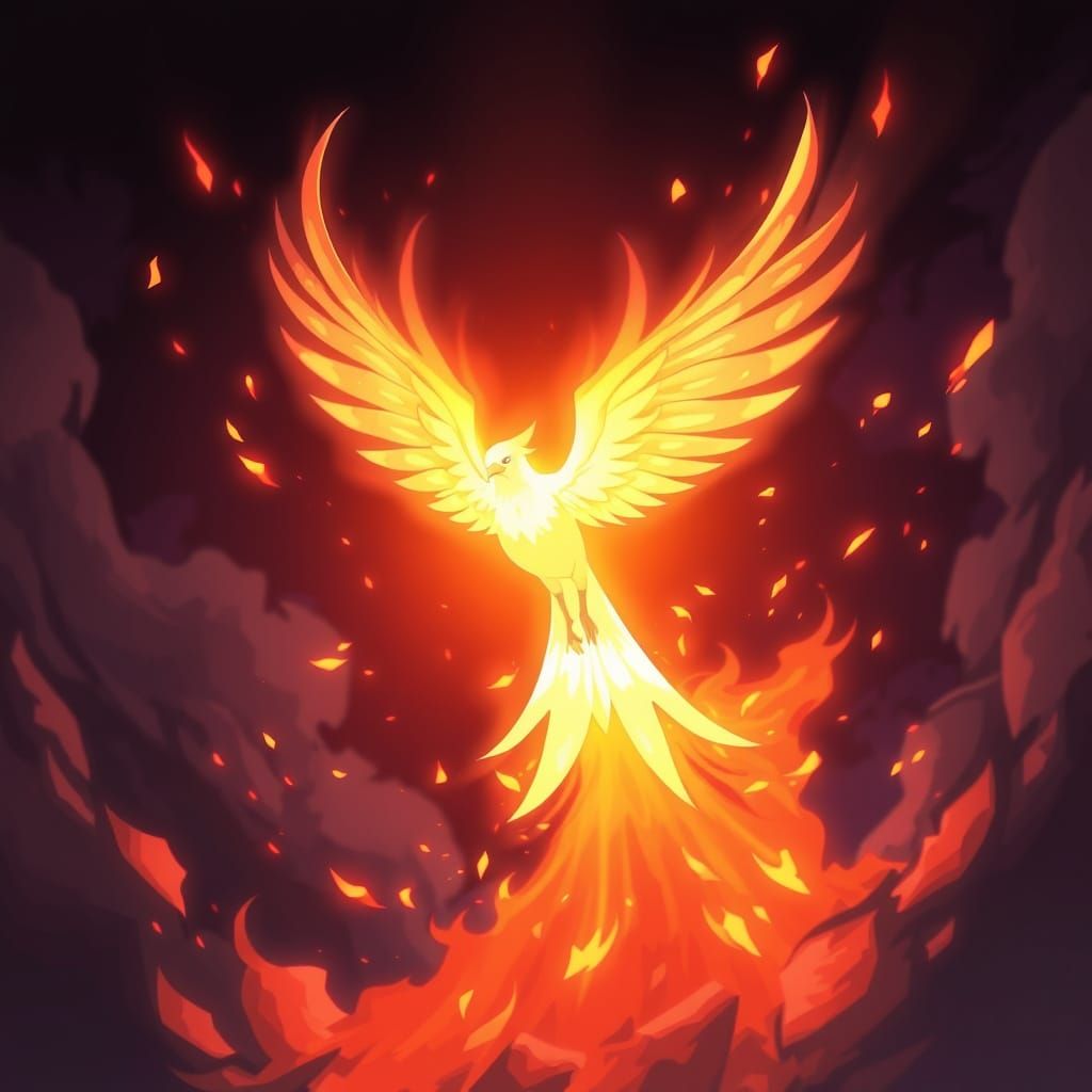 Glowing Phenox Bird Rises from Flames in Anime Style