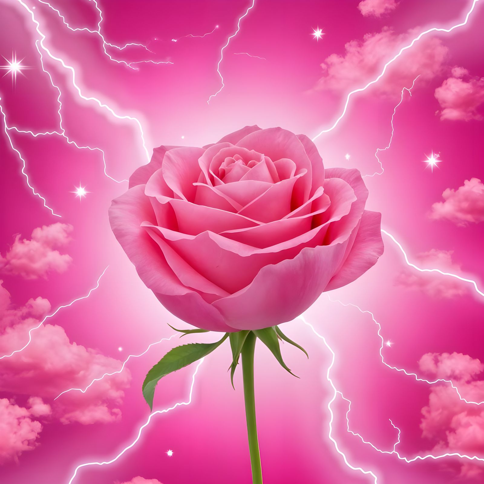 Pink Galaxy Sky with Lightning and Rose