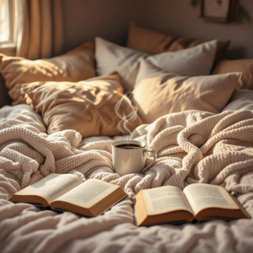 Cozy Bed Nest with Books and Coffee