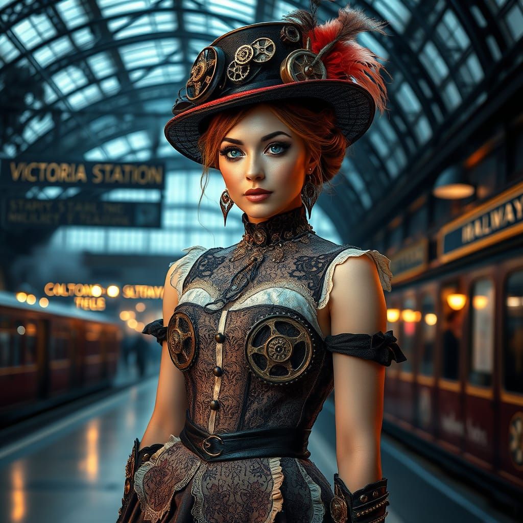 Steampunk Woman at Victoria Station