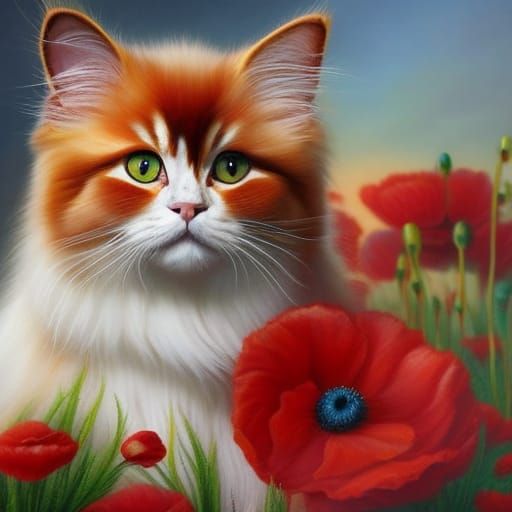 Detailed Persian Cat Among Red Poppies