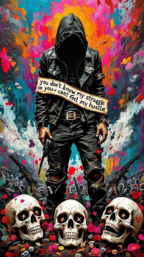 Troubled Figure Surrounded by Skulls in Expressionist Style