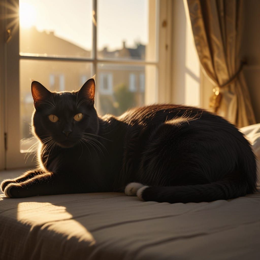 Black Cat Relaxing in Golden Hour Bedroom Light