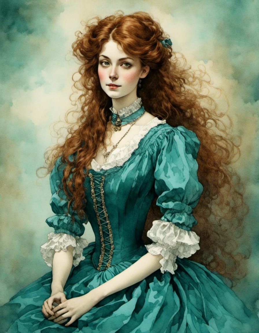 Victorian Woman in Turquoise Velvet, Romantic Watercolor Sty...
