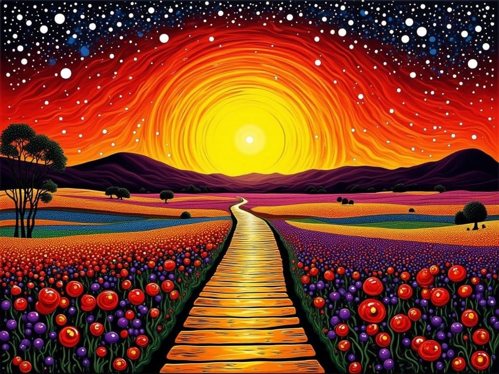 Surreal Sunset Path with Flowers in Pointillist Style