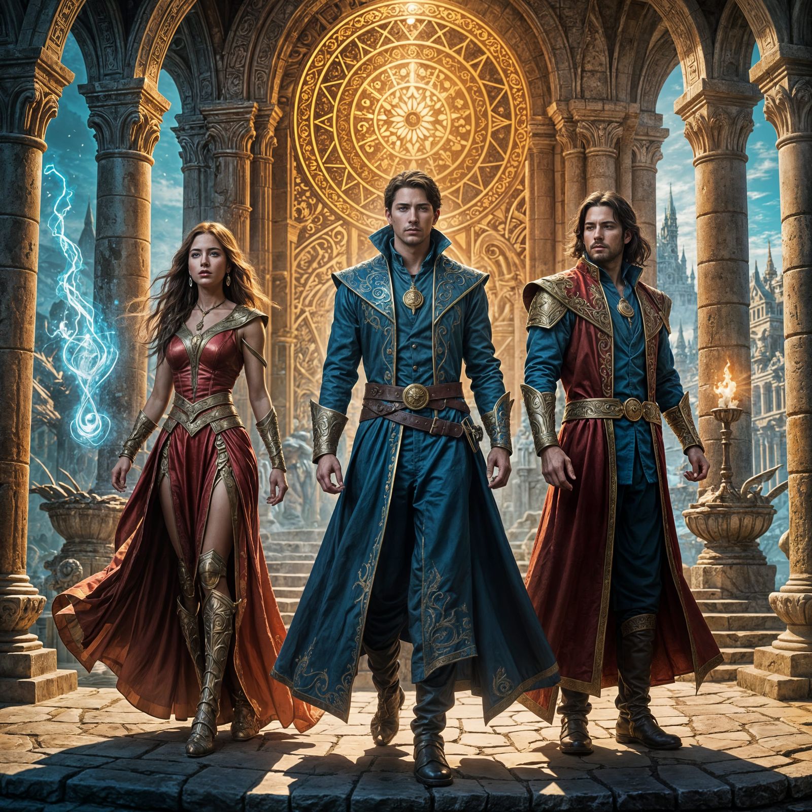 High Fantasy Prince of Atlantis Stands with Two Magicians in...