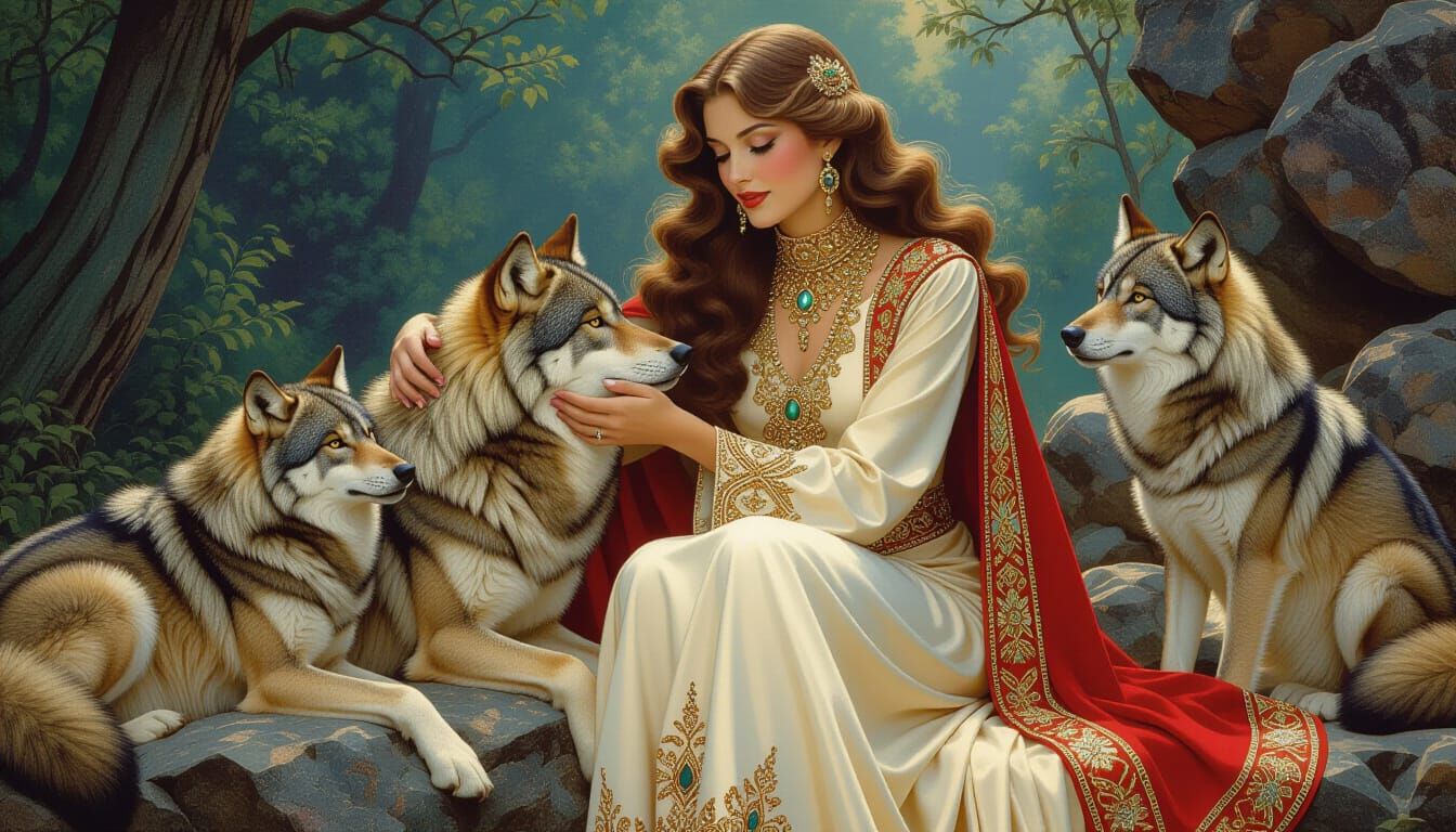 Woman with Wolves in Alphonse Mucha Style