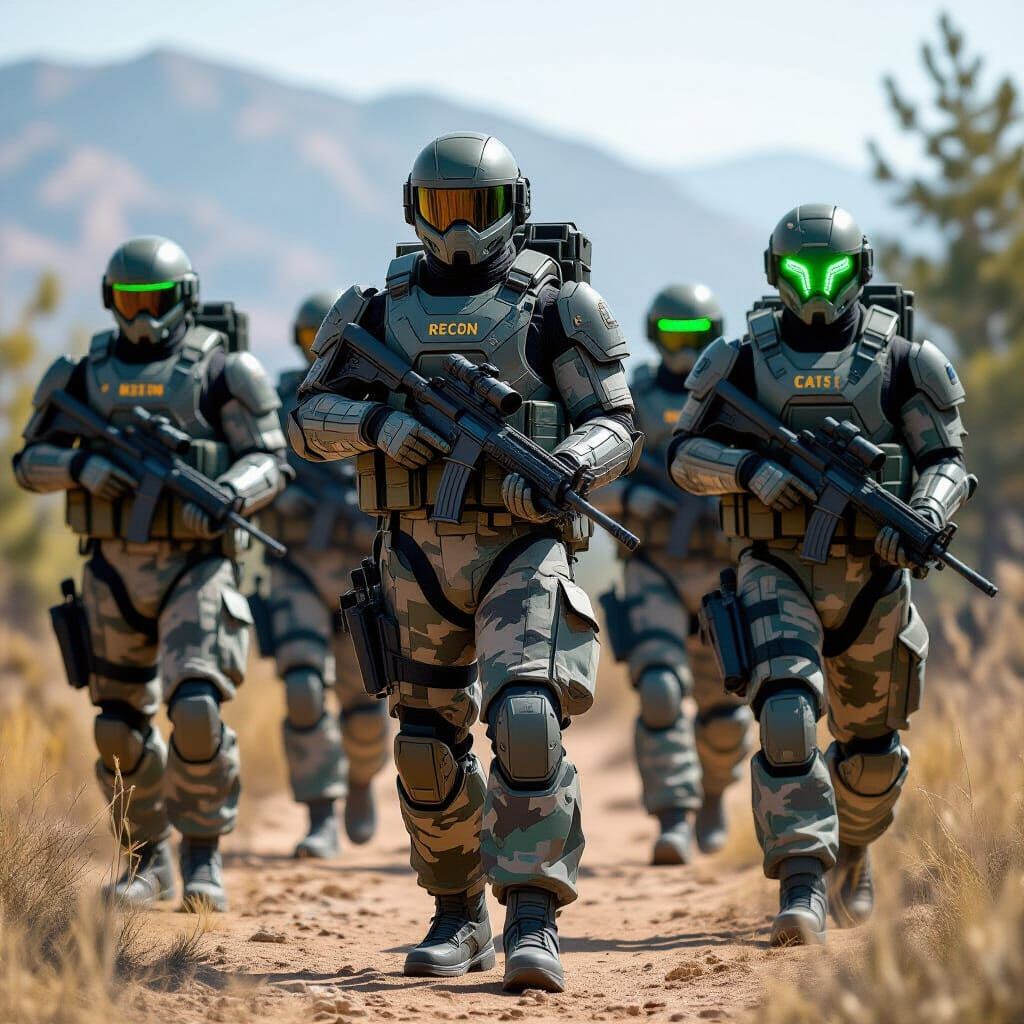 Robotic Soldiers Training Outdoors in Sci-Fi Style