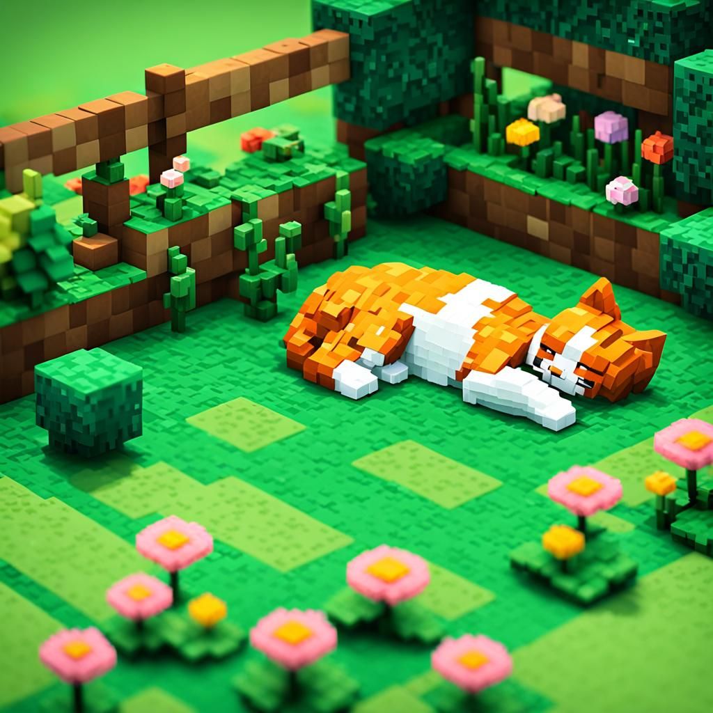 Voxel Ginger Cat Sleeping in Minecraft Garden