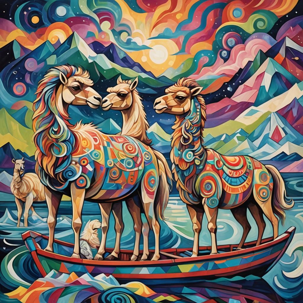 Arctic Camel and Llama in Dreamtime: Cubist Painting