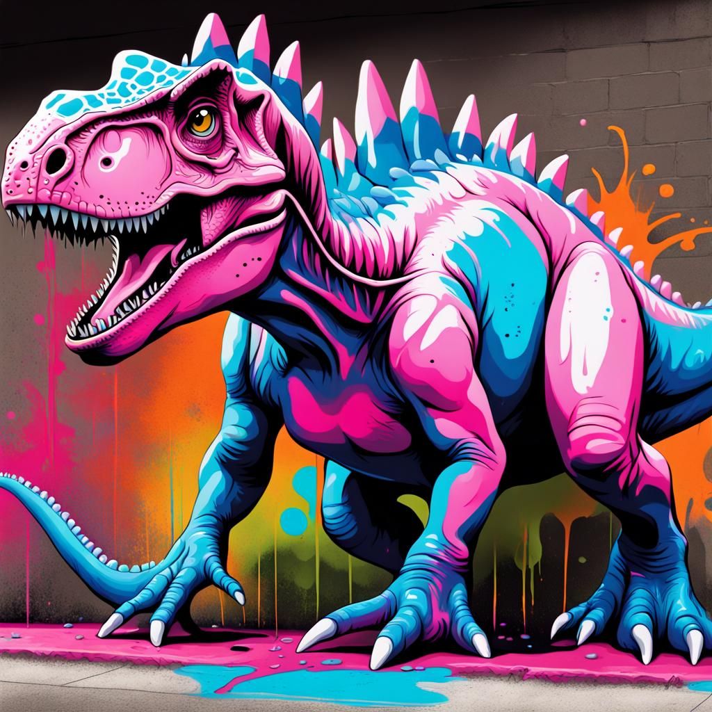 Colorful Dino Graffiti Art in Polychromatic Splash Style