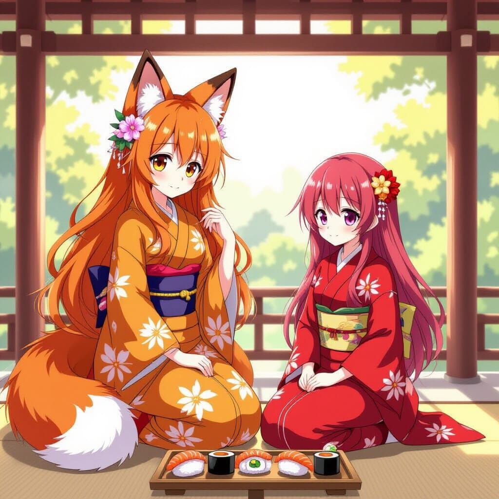 Anime Fox Girl and Friend Enjoying Sushi