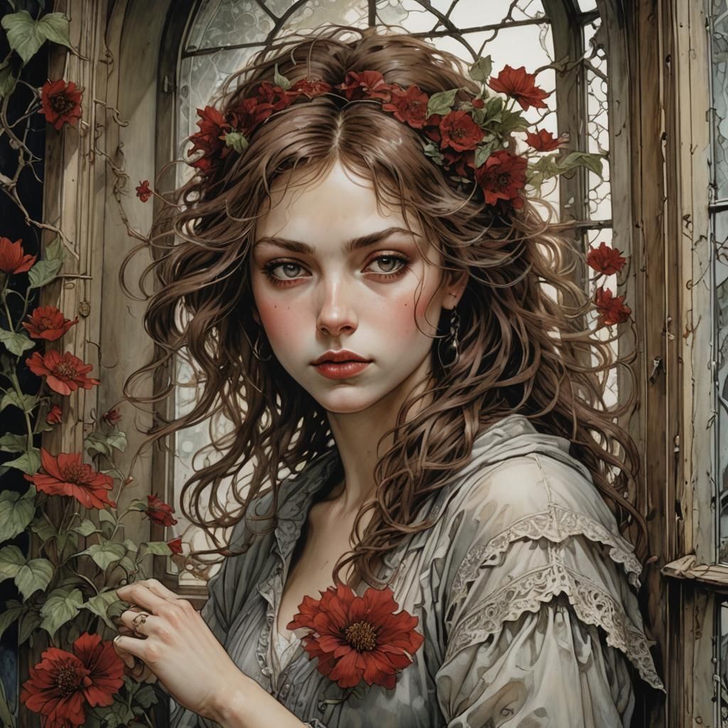 Celtic Woman with Dark Red Flowers in Hair