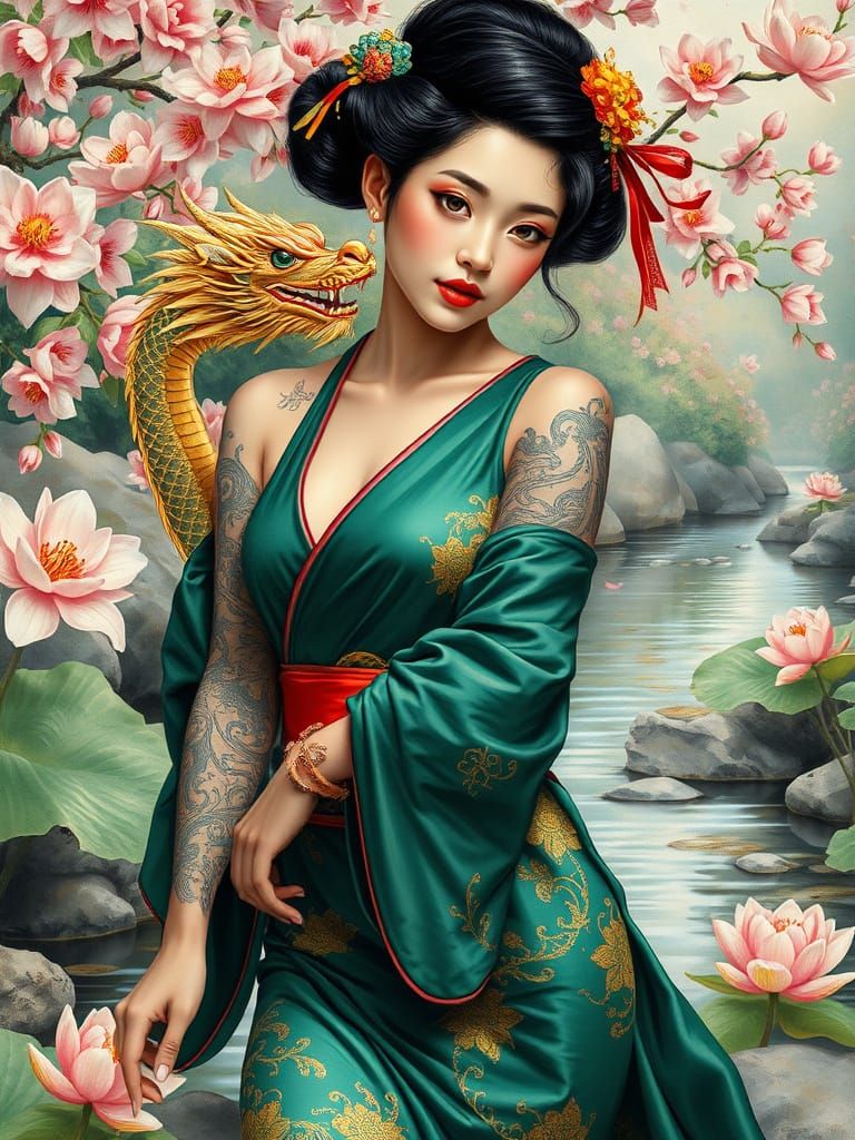 Japanese Maiden with Dragon Tattoo, Pin-Up Art
