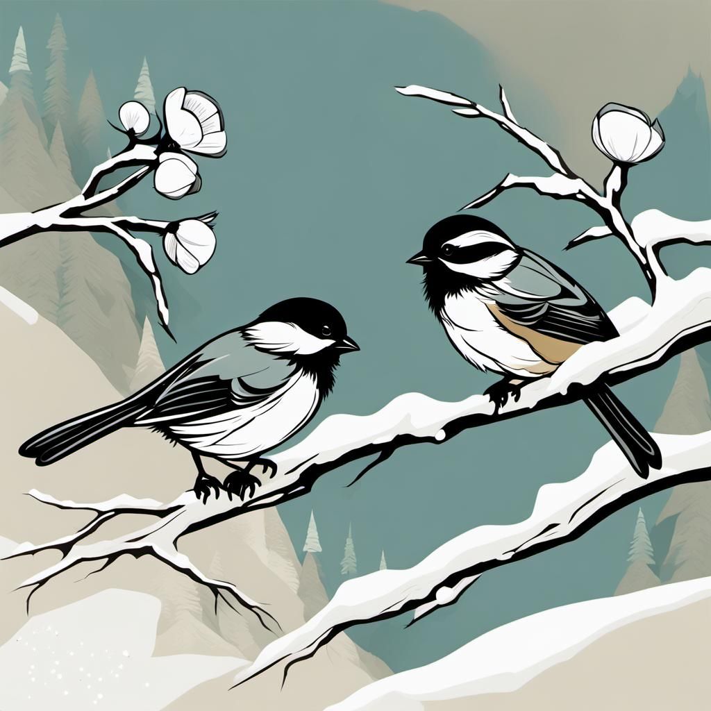 Chickadees Discovering a Lone Flower, Abstract Art