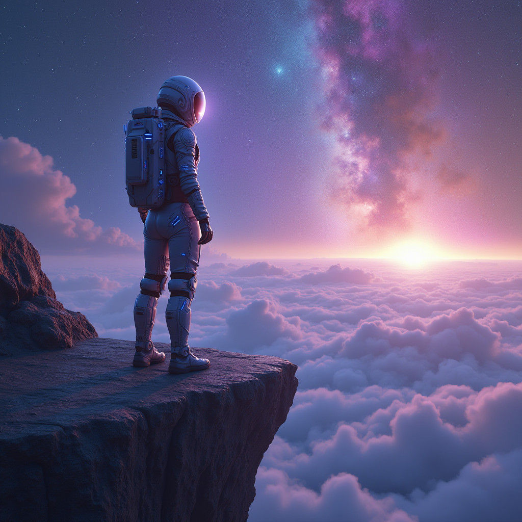 Astronaut's Sci-Fi Gaze into Infinite Starry Cosmos