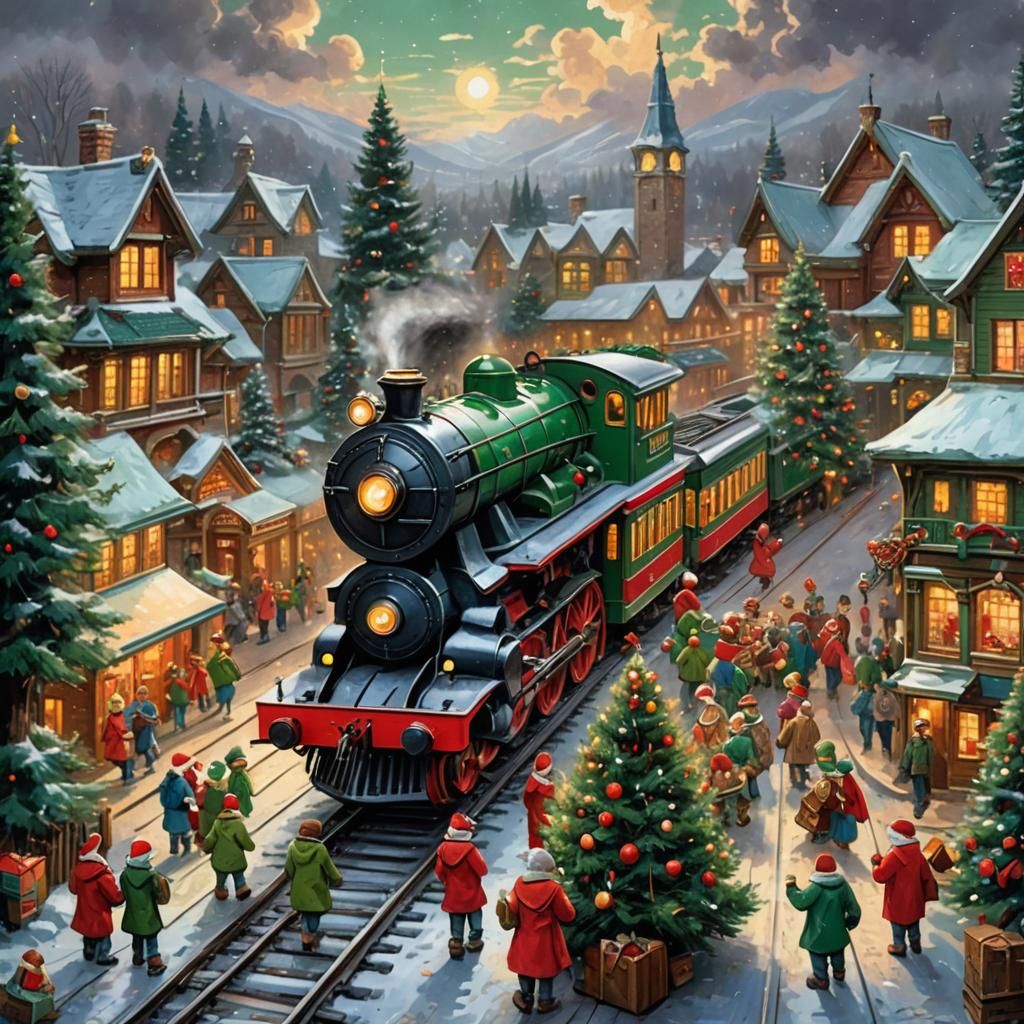 Christmas Elves Load Toys onto Train: Impasto Style